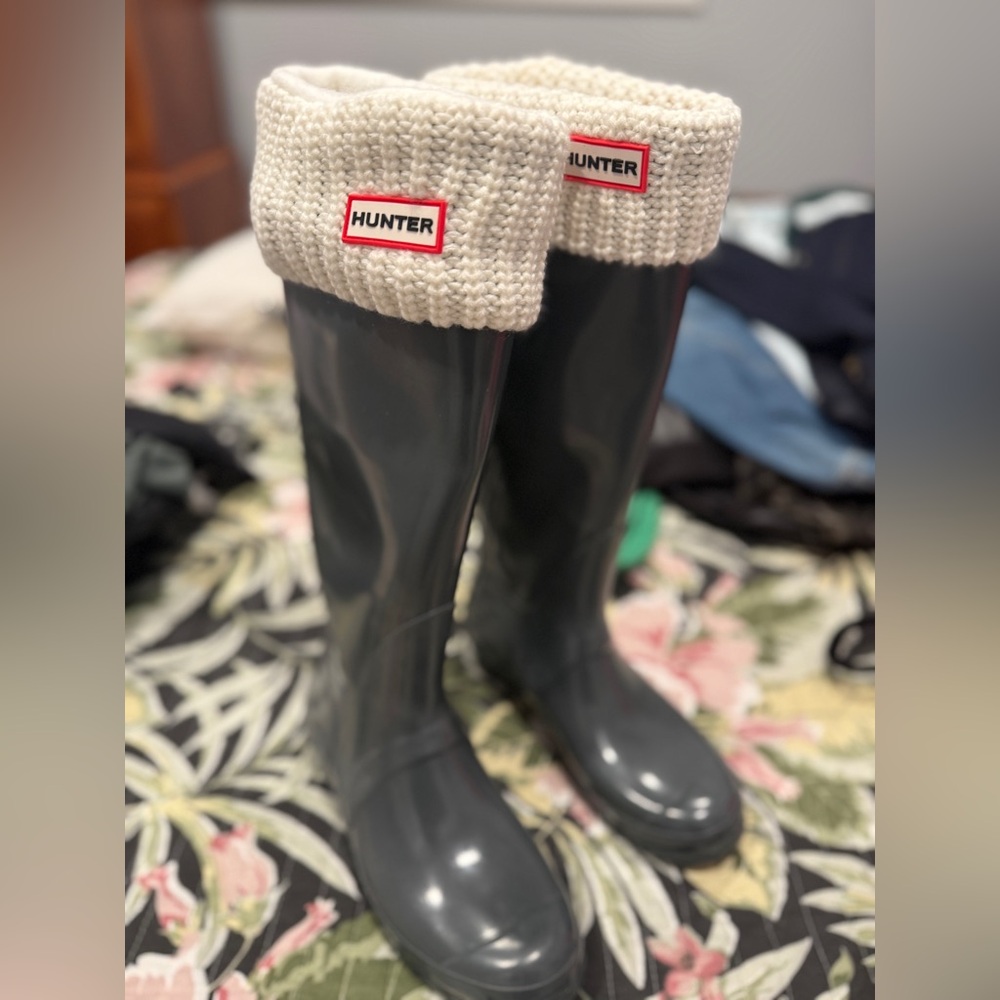 Tall Hunter rain boots with boot socks